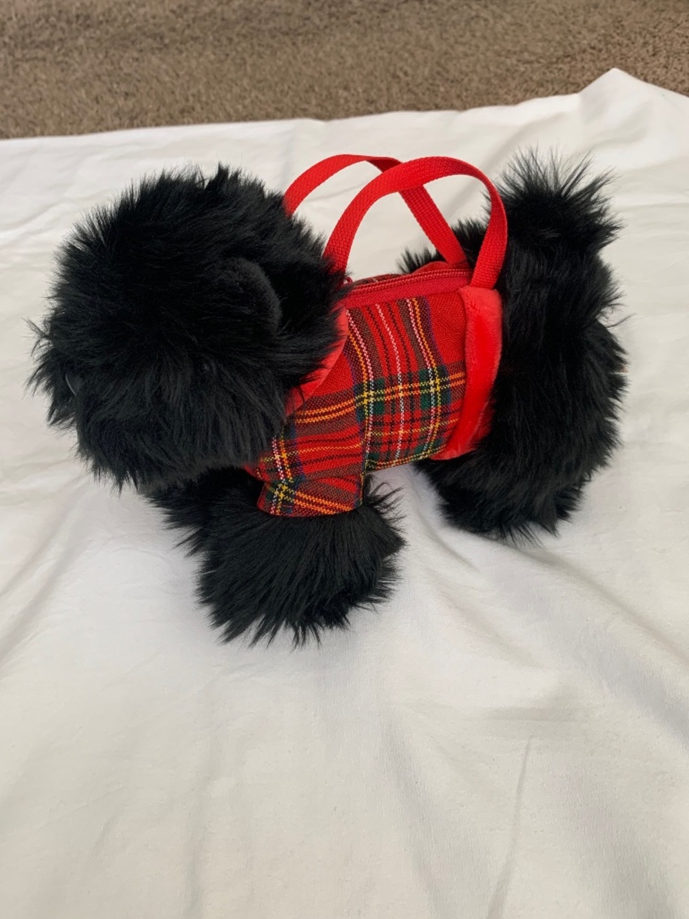 Vintage Keel Toys Black Scottie Dog w/Plaid Coat Plush Purse 11"